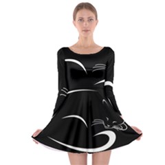 Cat Black Vector Minimalism Long Sleeve Skater Dress