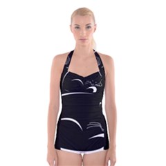 Cat Black Vector Minimalism Boyleg Halter Swimsuit 