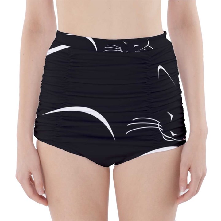 Cat Black Vector Minimalism High-Waisted Bikini Bottoms