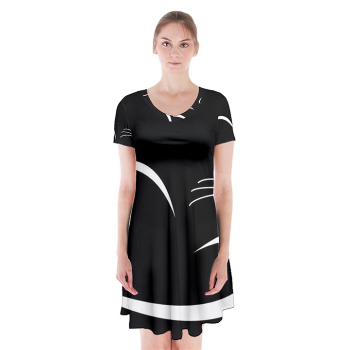 Cat Black Vector Minimalism Short Sleeve V-neck Flare Dress