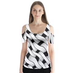 Black And White Pattern Butterfly Sleeve Cutout Tee 