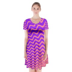 Pink And Purple Short Sleeve V-neck Flare Dress