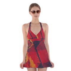 Surface Line Pattern Red Halter Swimsuit Dress