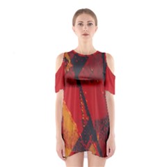 Surface Line Pattern Red Shoulder Cutout One Piece