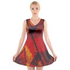 Surface Line Pattern Red V-neck Sleeveless Skater Dress