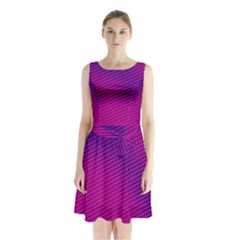 Retro Halftone Pink On Blue Sleeveless Chiffon Waist Tie Dress