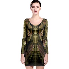 Fractal Abstract Patterns Gold Long Sleeve Bodycon Dress