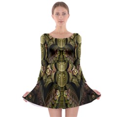 Fractal Abstract Patterns Gold Long Sleeve Skater Dress