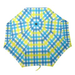 Gingham Plaid Yellow Aqua Blue Folding Umbrellas by Simbadda