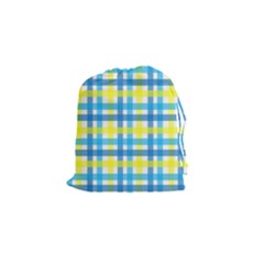 Gingham Plaid Yellow Aqua Blue Drawstring Pouches (small)  by Simbadda