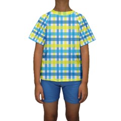 Gingham Plaid Yellow Aqua Blue Kids  Short Sleeve Swimwear by Simbadda