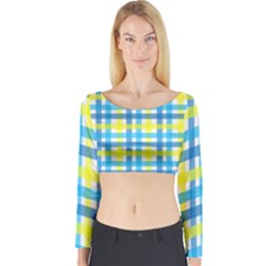 Gingham Plaid Yellow Aqua Blue Long Sleeve Crop Top by Simbadda