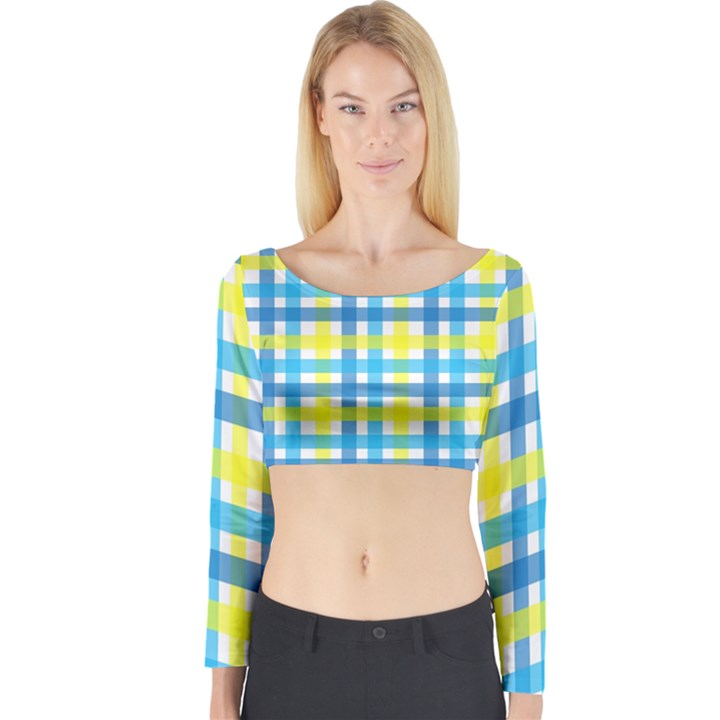 Gingham Plaid Yellow Aqua Blue Long Sleeve Crop Top