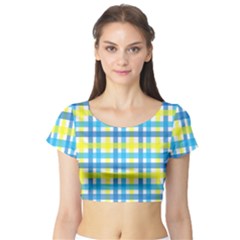 Gingham Plaid Yellow Aqua Blue Short Sleeve Crop Top (tight Fit) by Simbadda