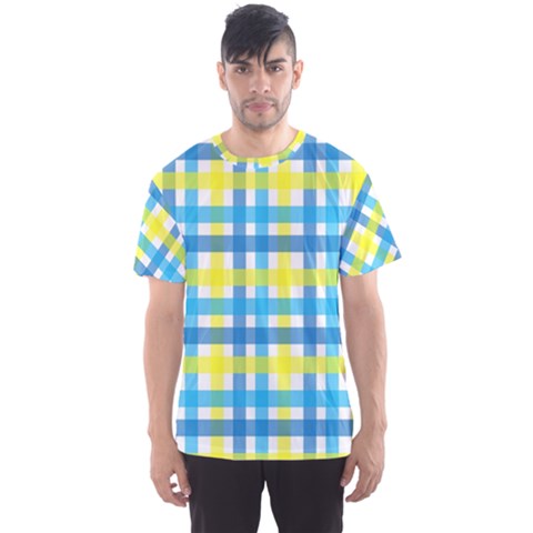 Gingham Plaid Yellow Aqua Blue Men s Sport Mesh Tee by Simbadda