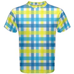 Gingham Plaid Yellow Aqua Blue Men s Cotton Tee by Simbadda