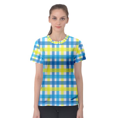 Gingham Plaid Yellow Aqua Blue Women s Sport Mesh Tee by Simbadda