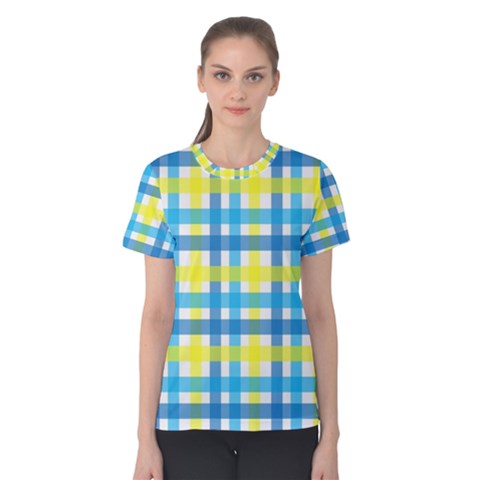 Gingham Plaid Yellow Aqua Blue Women s Cotton Tee by Simbadda