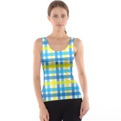 Gingham Plaid Yellow Aqua Blue Tank Top by Simbadda