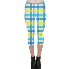 Gingham Plaid Yellow Aqua Blue Capri Leggings  by Simbadda