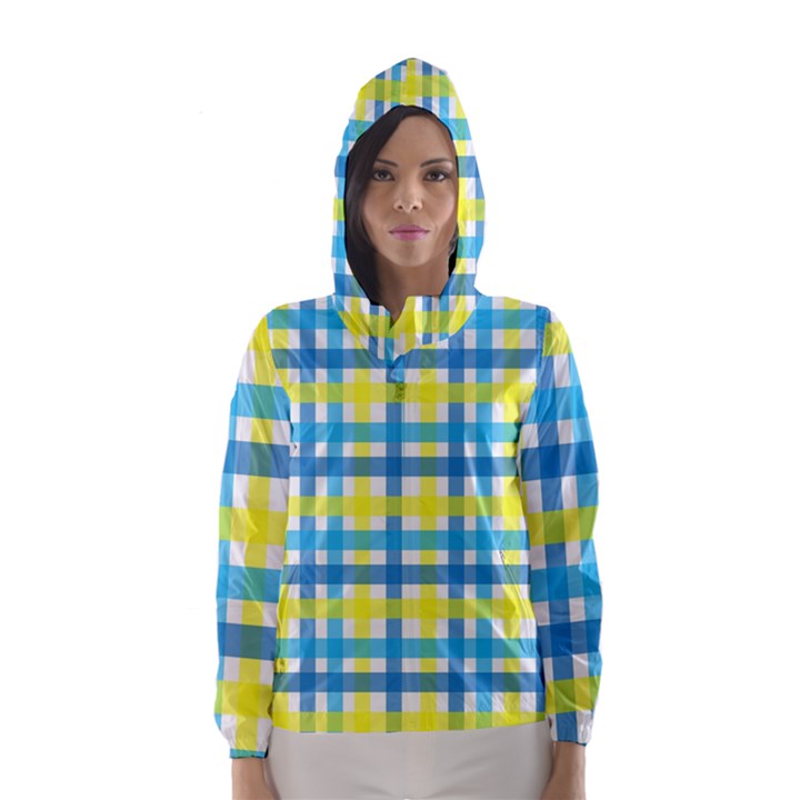 Gingham Plaid Yellow Aqua Blue Hooded Wind Breaker (Women)