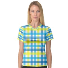 Gingham Plaid Yellow Aqua Blue Women s V-neck Sport Mesh Tee