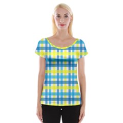 Gingham Plaid Yellow Aqua Blue Women s Cap Sleeve Top by Simbadda