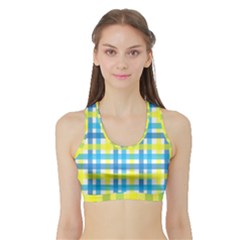 Gingham Plaid Yellow Aqua Blue Sports Bra With Border by Simbadda