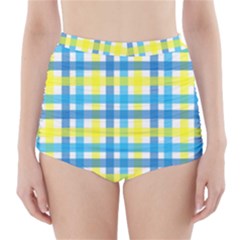 Gingham Plaid Yellow Aqua Blue High-waisted Bikini Bottoms by Simbadda