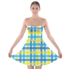 Gingham Plaid Yellow Aqua Blue Strapless Bra Top Dress by Simbadda