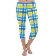 Gingham Plaid Yellow Aqua Blue Capri Yoga Leggings by Simbadda