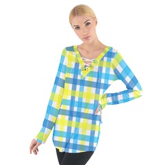 Gingham Plaid Yellow Aqua Blue Women s Tie Up Tee by Simbadda