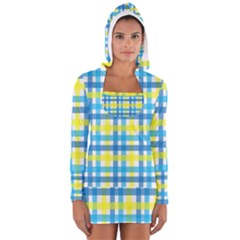 Gingham Plaid Yellow Aqua Blue Women s Long Sleeve Hooded T-shirt