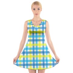 Gingham Plaid Yellow Aqua Blue V-neck Sleeveless Skater Dress by Simbadda