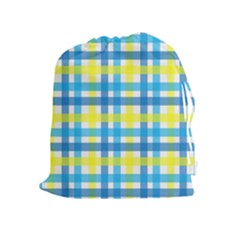 Gingham Plaid Yellow Aqua Blue Drawstring Pouches (extra Large) by Simbadda