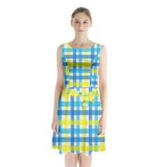 Gingham Plaid Yellow Aqua Blue Sleeveless Chiffon Waist Tie Dress by Simbadda