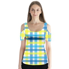 Gingham Plaid Yellow Aqua Blue Butterfly Sleeve Cutout Tee 