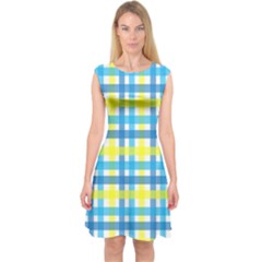 Gingham Plaid Yellow Aqua Blue Capsleeve Midi Dress by Simbadda