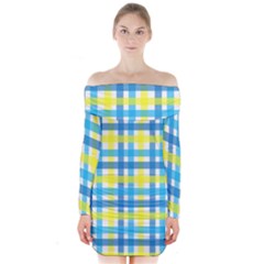 Gingham Plaid Yellow Aqua Blue Long Sleeve Off Shoulder Dress by Simbadda