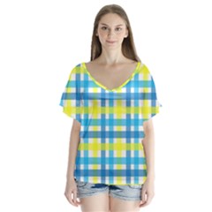 Gingham Plaid Yellow Aqua Blue Flutter Sleeve Top by Simbadda