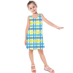 Gingham Plaid Yellow Aqua Blue Kids  Sleeveless Dress by Simbadda