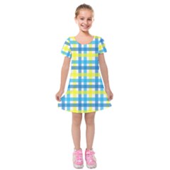 Gingham Plaid Yellow Aqua Blue Kids  Short Sleeve Velvet Dress