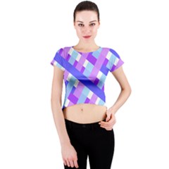 Geometric Plaid Gingham Diagonal Crew Neck Crop Top