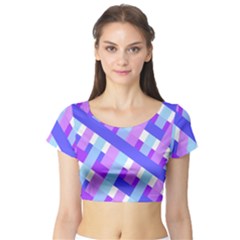 Geometric Plaid Gingham Diagonal Short Sleeve Crop Top (tight Fit)