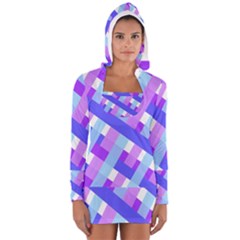 Geometric Plaid Gingham Diagonal Women s Long Sleeve Hooded T-shirt