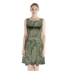 Vintage Background Green Leaves Sleeveless Chiffon Waist Tie Dress