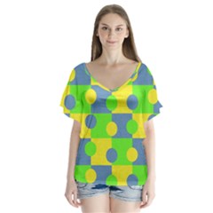 Abric Cotton Bright Blue Lime Flutter Sleeve Top