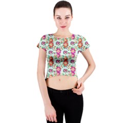 Floral Flower Pattern Seamless Crew Neck Crop Top