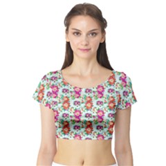 Floral Flower Pattern Seamless Short Sleeve Crop Top (tight Fit) by Simbadda