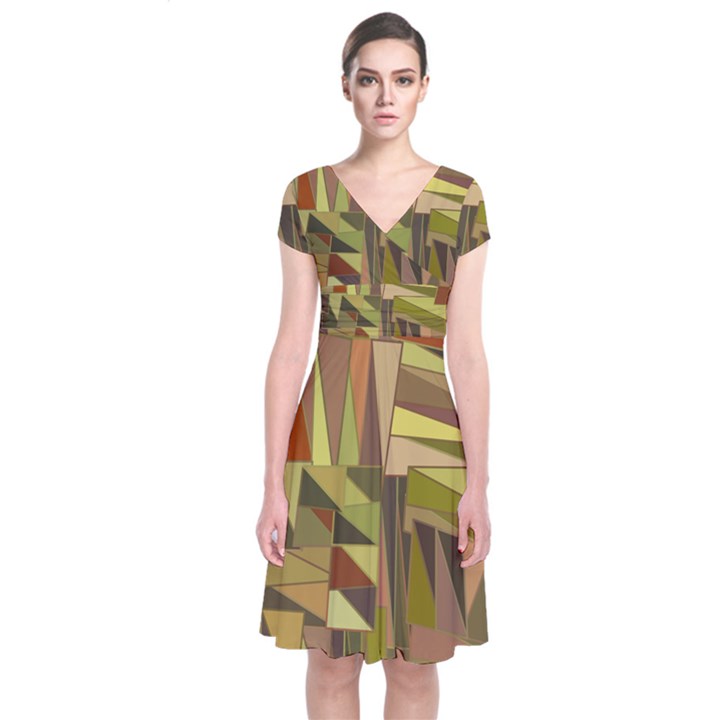 Earth Tones Geometric Shapes Unique Short Sleeve Front Wrap Dress